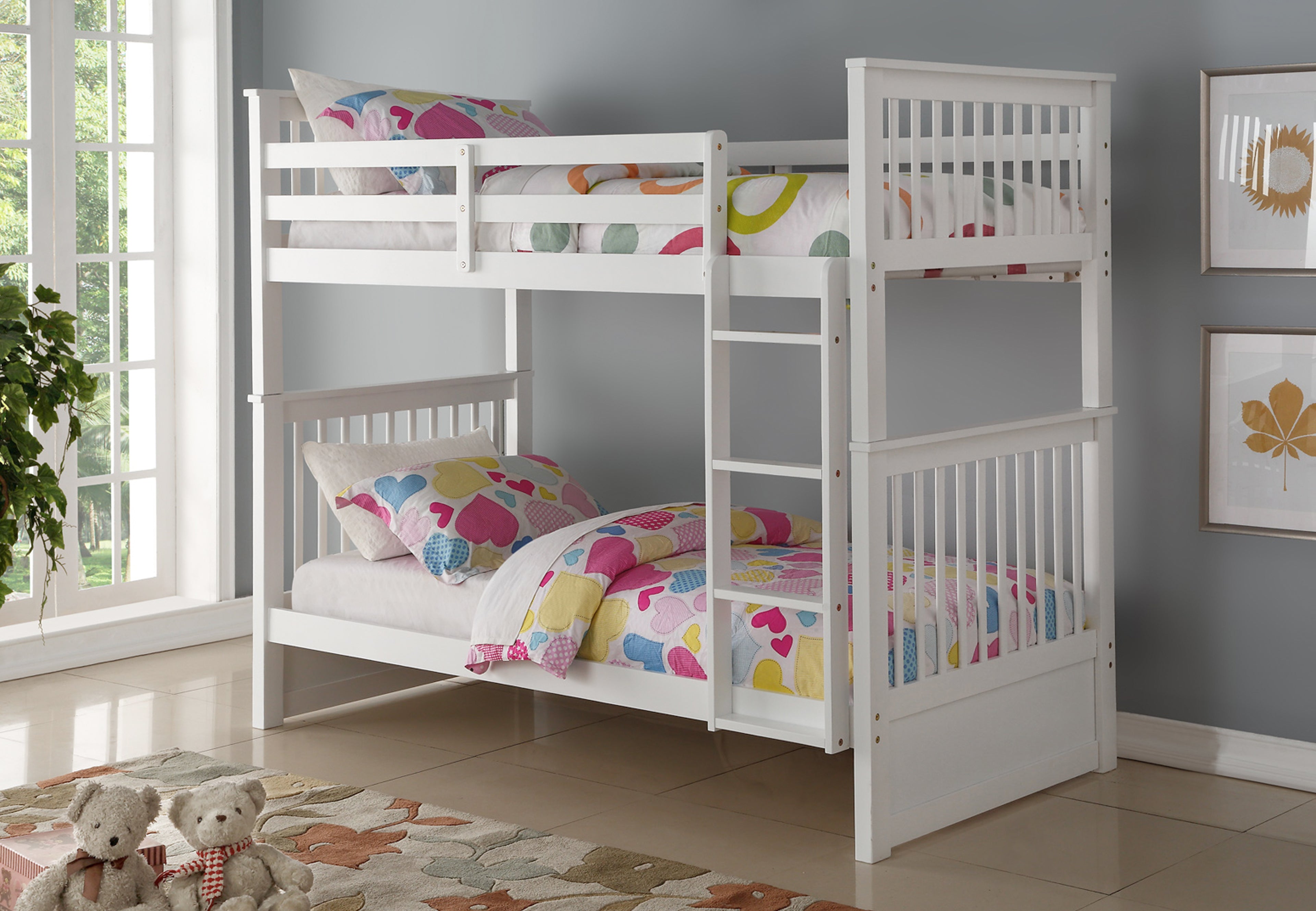 White mission-style single over single bunk bed